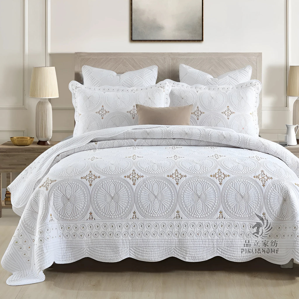 Pure cotton embroidered bed cover three-piece set with European-style detailing