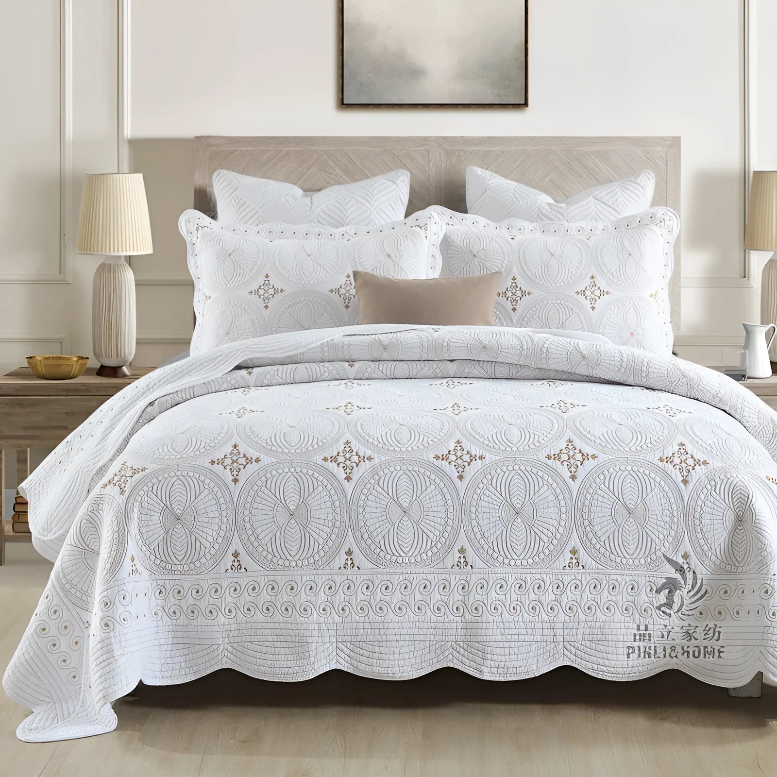 Pure cotton embroidered bed cover three-piece set with European-style detailing