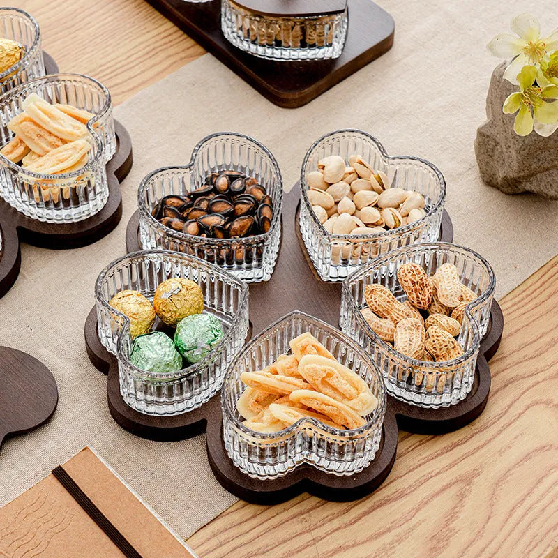 Glass snack serving platter with transparent heart-shaped lids in 2 3 4 5 grid compartment configurations