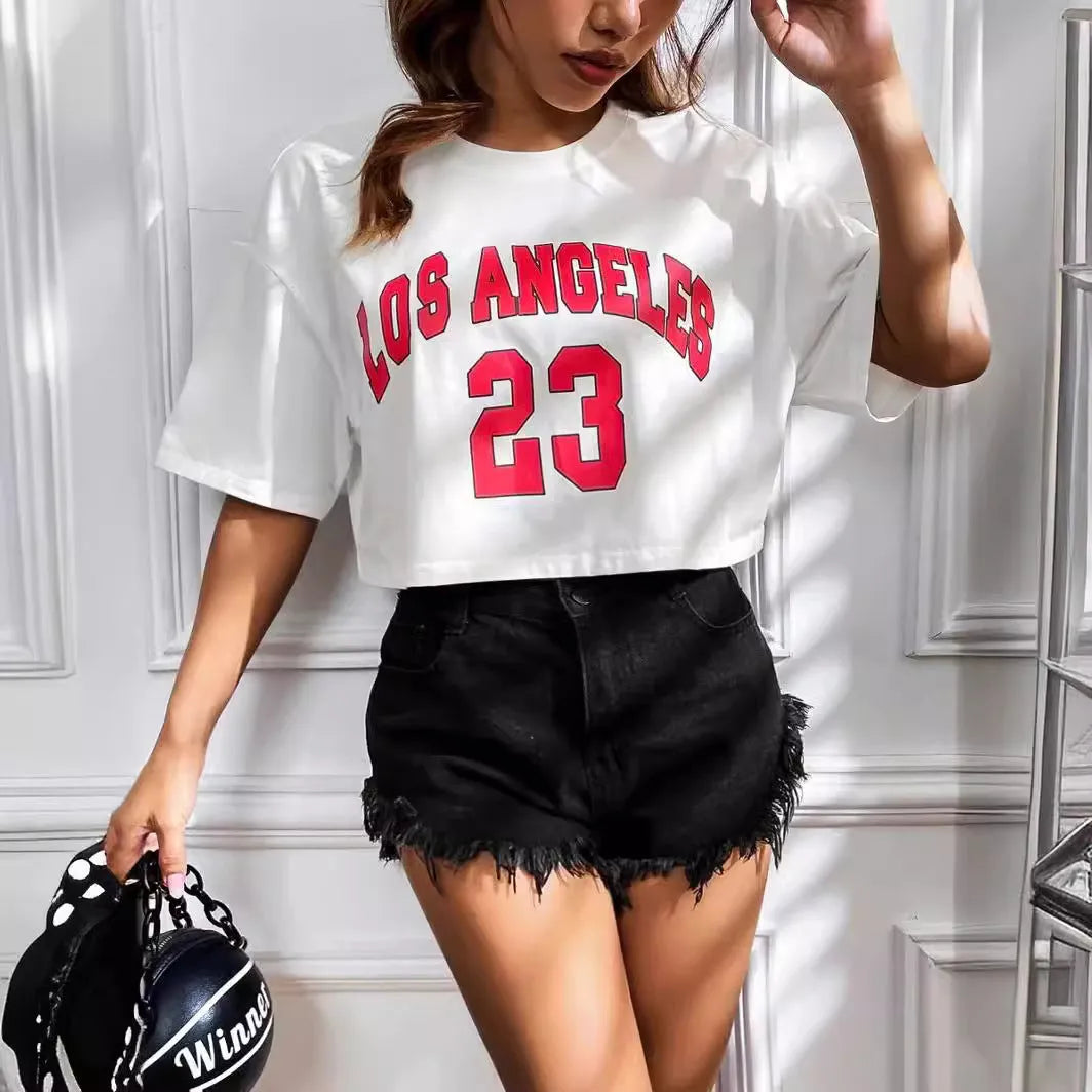 Women's personalised English letter cotton t-shirt with exposed navel design in black or white