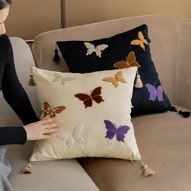Chinese style butterfly embroidery decorative cushion 45x45cm in beige, black, or purple