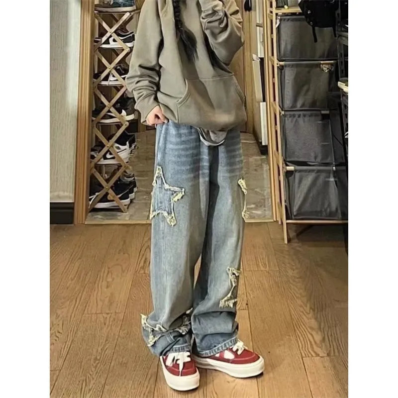 Blue high-waisted straight-leg women's jeans on a model