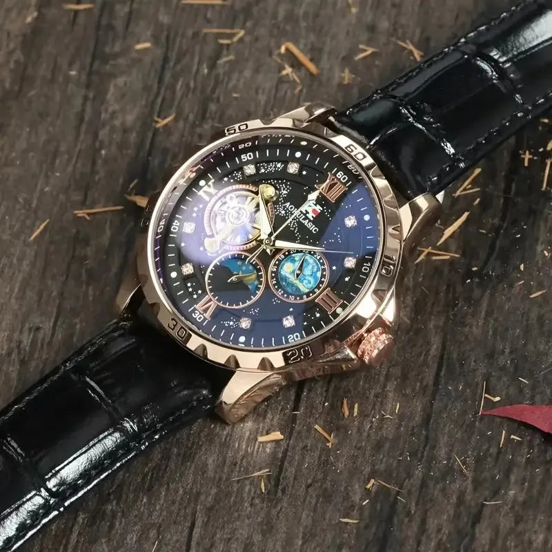 Men's black and rose gold automatic mechanical watch with hollow dial and transparent caseback