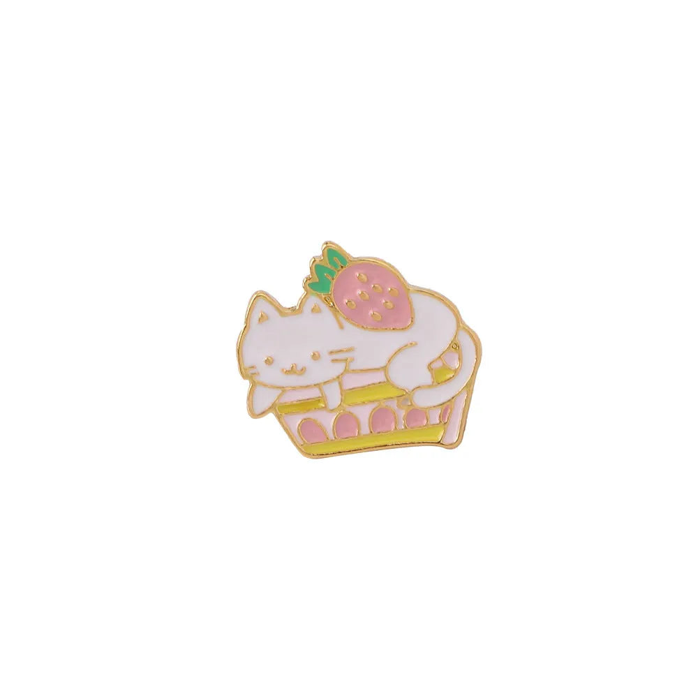 Cute cat strawberry metal brooch decorative alloy pin with five colour variations