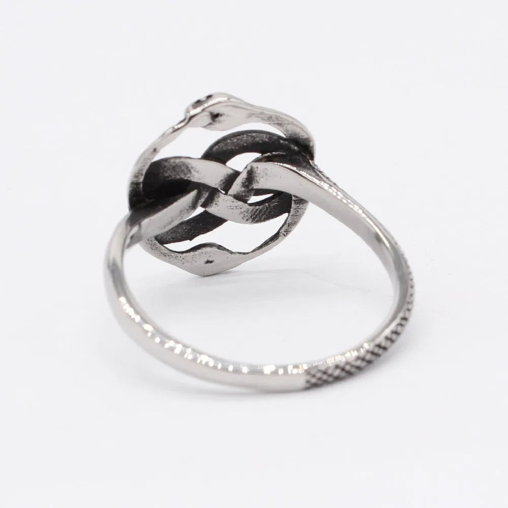 Titanium steel double snake retro ring in steel colour showing detailed snake motif design