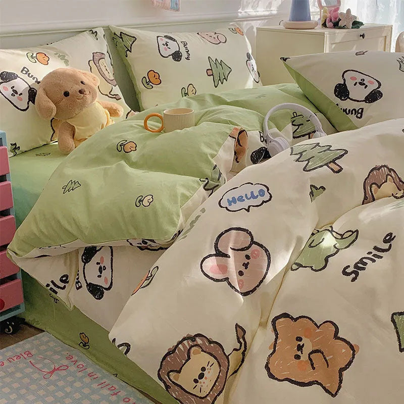 Cartoon dog pattern cotton four-piece bedding set on bed with duvet cover, sheet, and pillowcases