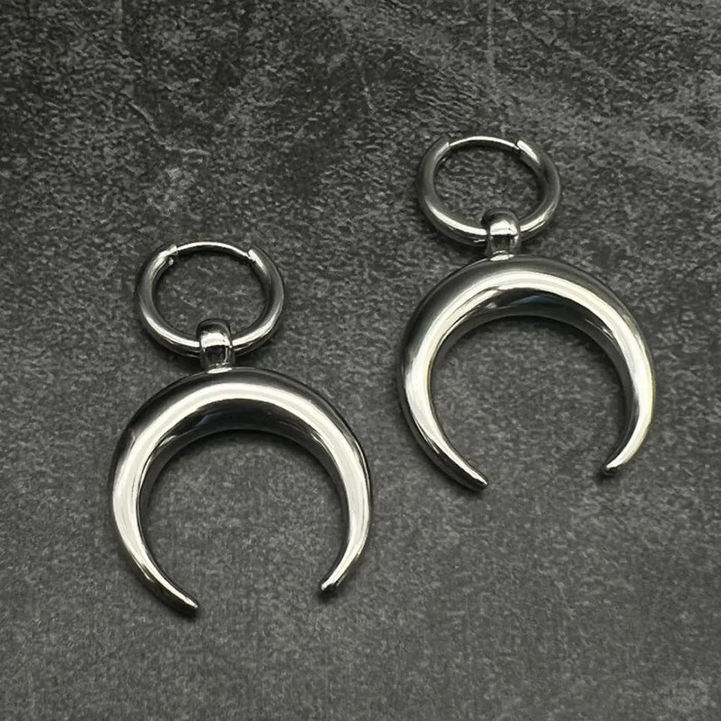 Vintage gothic moon hoop earrings with silver electroplated finish and clip-on fitting