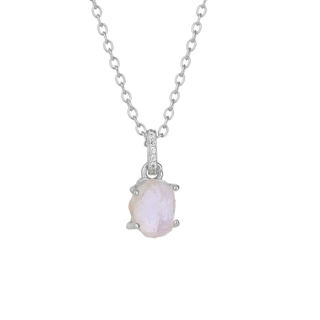 S925 sterling silver geometric moonstone pendant necklace with curb chain on white background