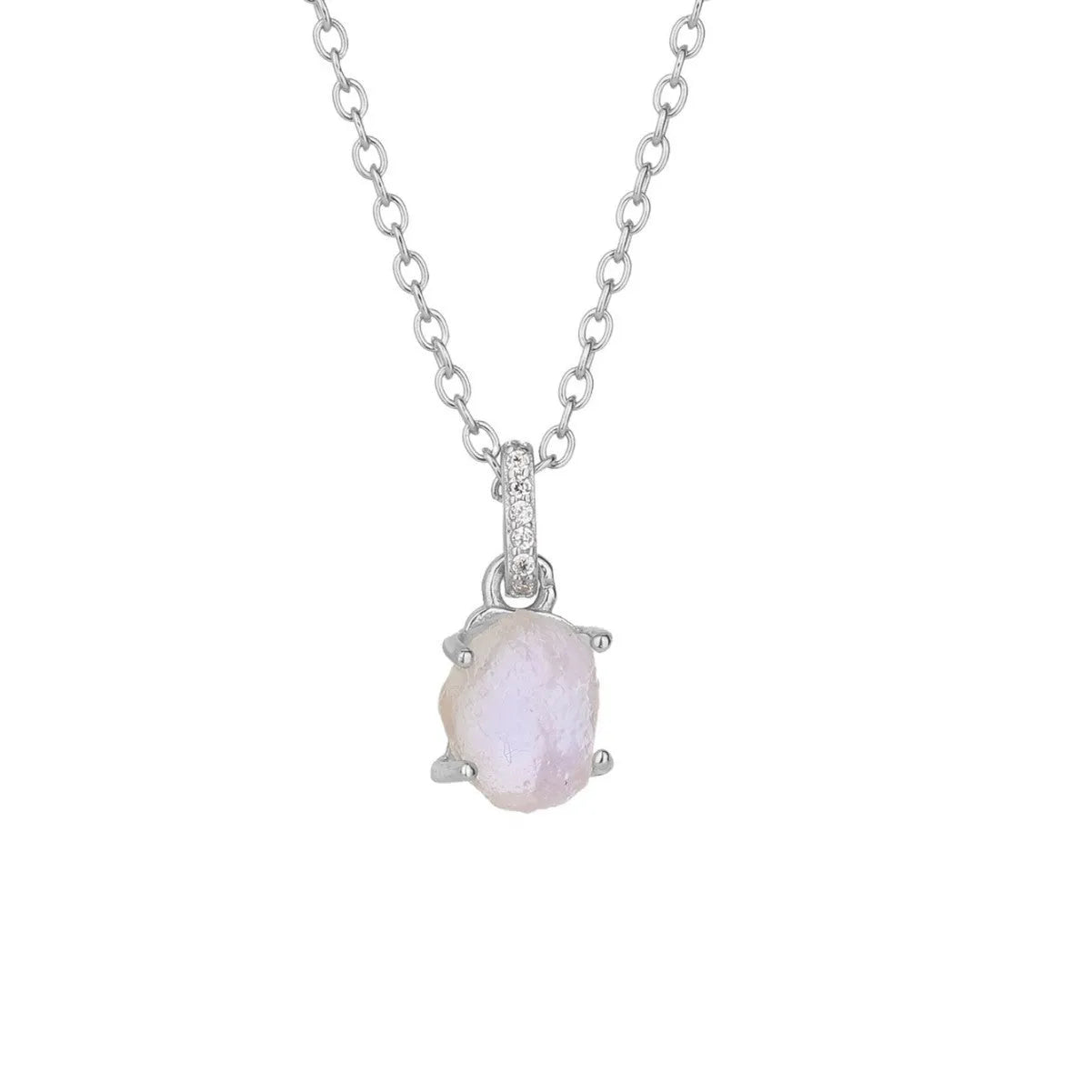 S925 sterling silver geometric moonstone pendant necklace with curb chain on white background