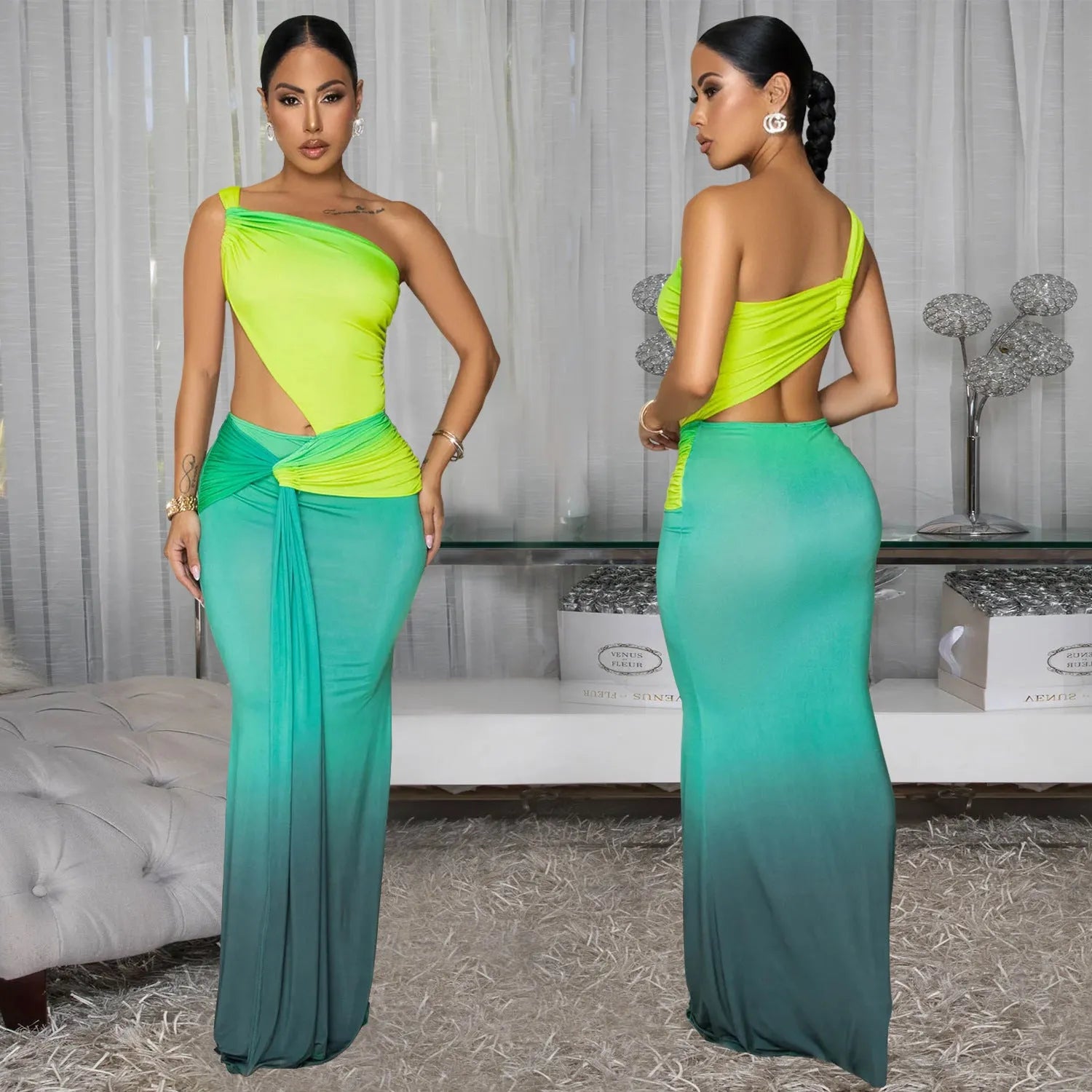 Women's long dress with gradient colour pattern and asymmetrical cross-shoulder neckline