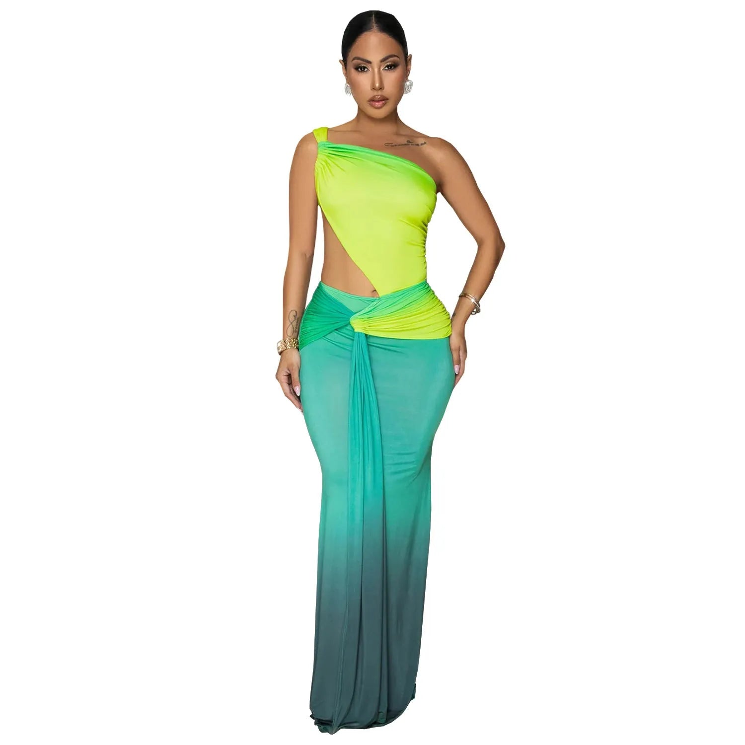 Women's long dress with gradient colour pattern and asymmetrical cross-shoulder neckline