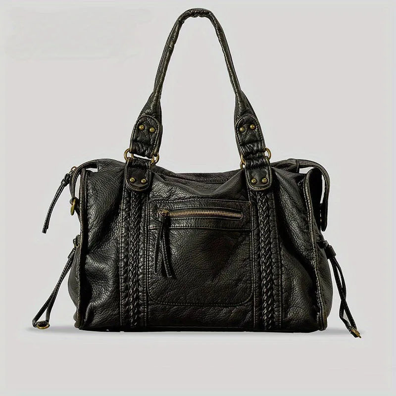 French retro women's motorcycle messenger bag in brown with weaving pattern detail and single shoulder strap
