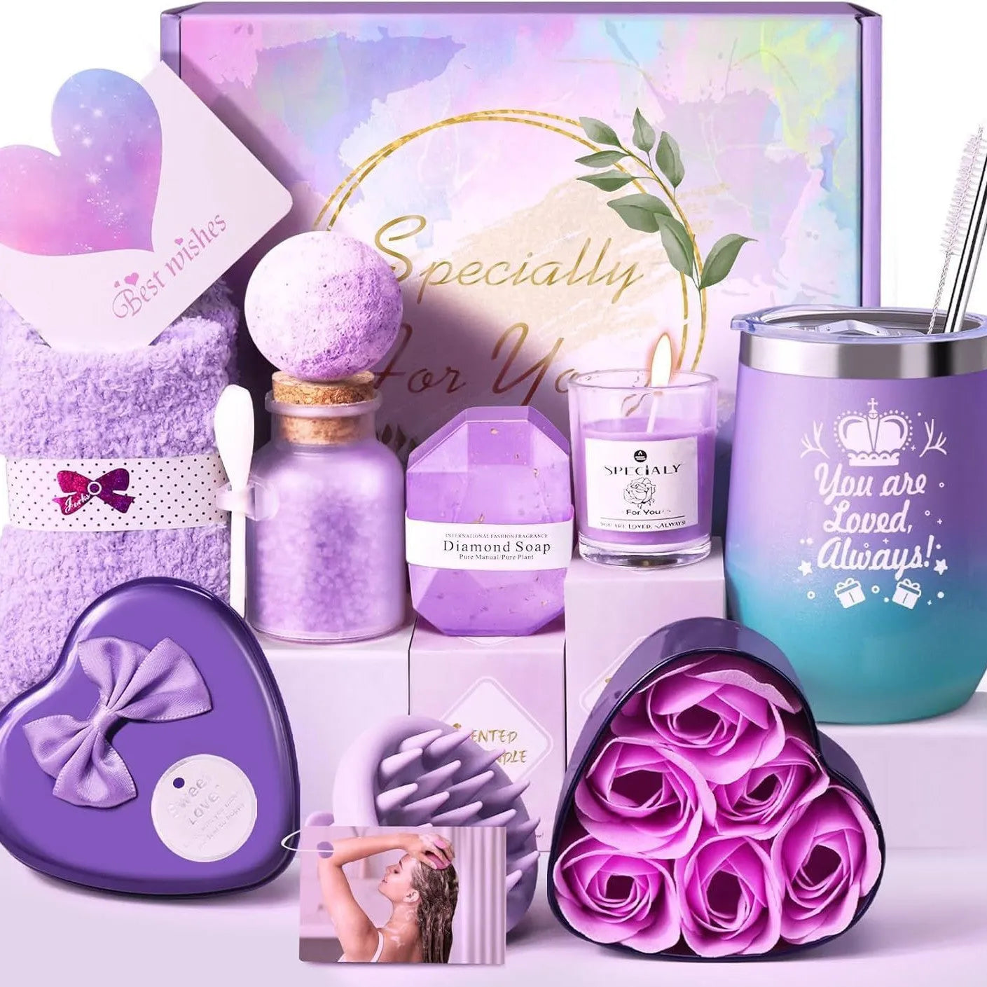 Aromatherapy gift box containing soy wax candles and bath products in modern simplicity design.