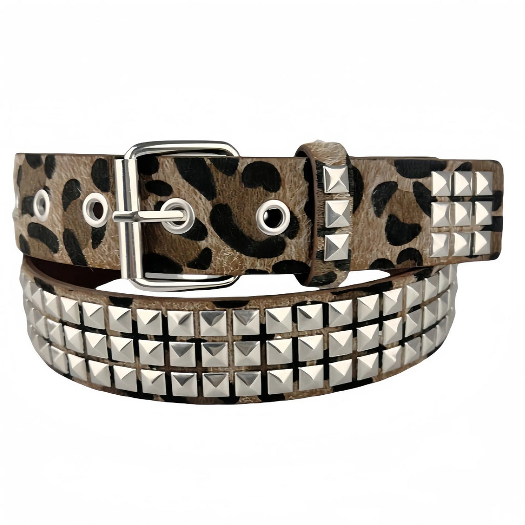 Punk women's belt with metal rivets in leopard or zebra print patterns showing alloy buckle