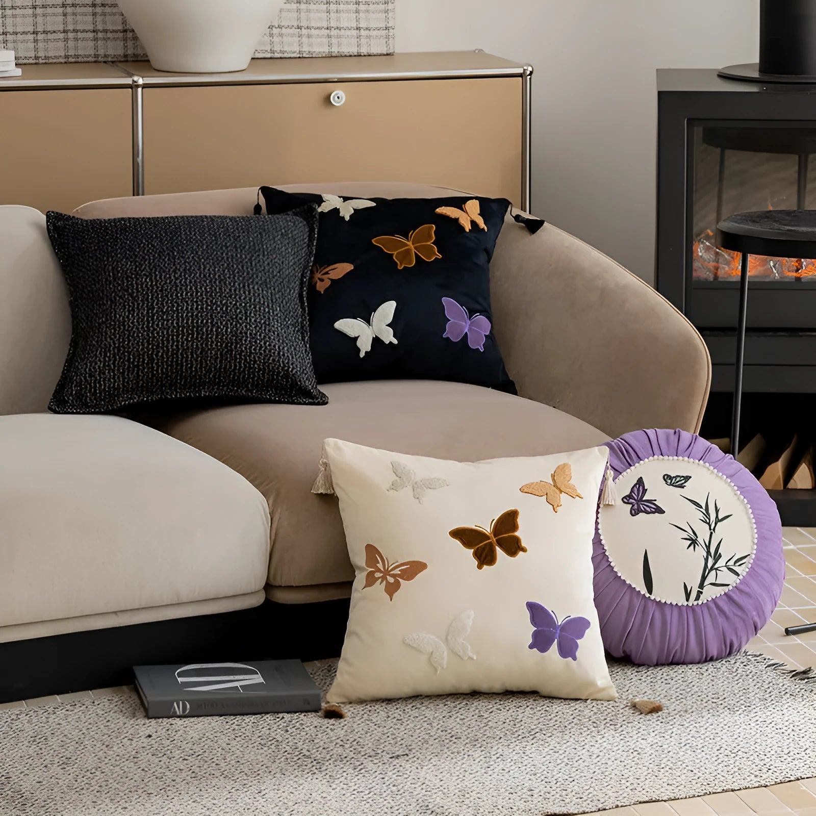 Chinese style butterfly embroidery decorative cushion 45x45cm in beige, black, or purple