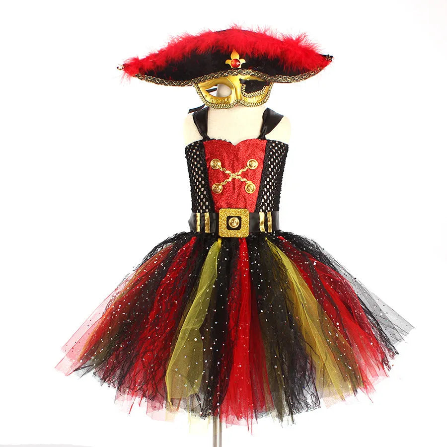 Girls pirate costume dress with sequin details and lace trim for Halloween