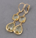 Gold geometric fringe earrings with crystal water droplets on copper frame