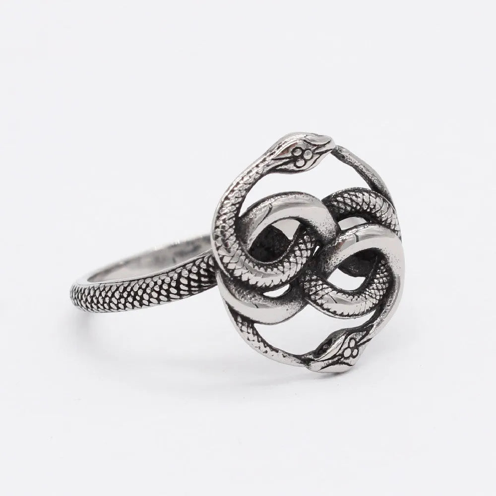 Titanium steel double snake retro ring in steel colour showing detailed snake motif design