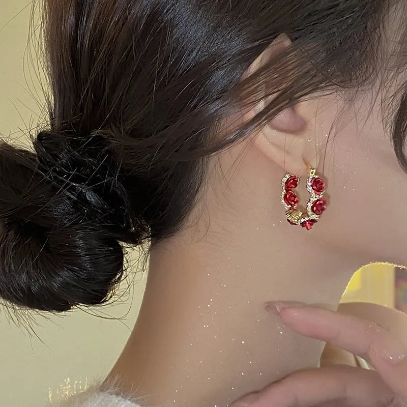 Red alloy rose-shaped clip-on earrings for women F155-A colour simple flower jewellery