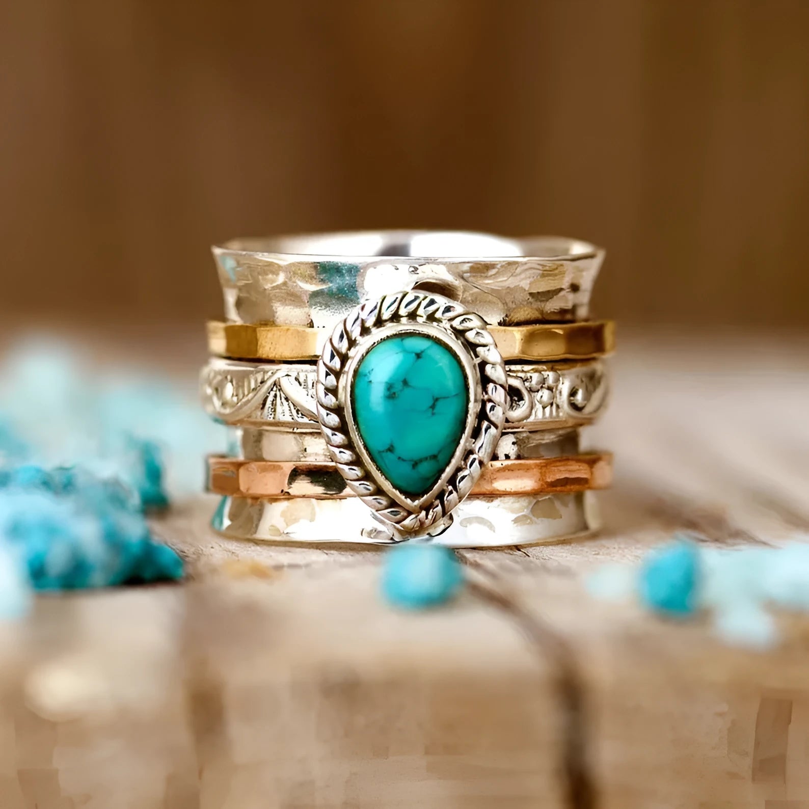 Retro three-colour green pine alloy ring in picture colour, available in sizes 6 to 10