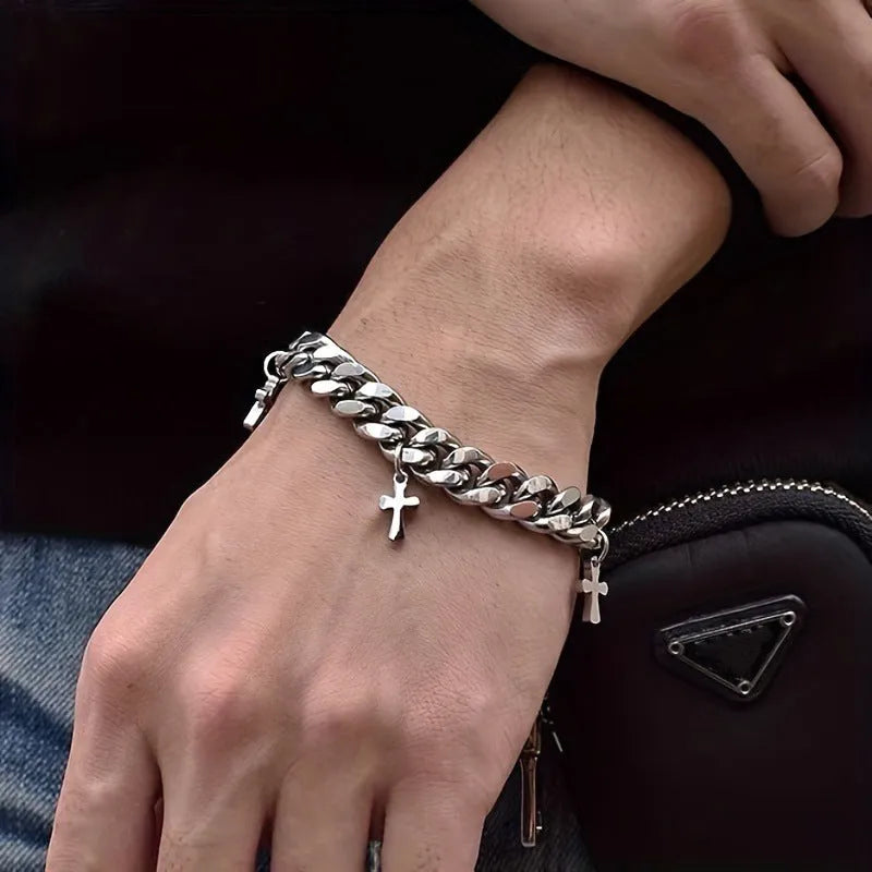 Men's titanium steel bracelet with cross design and geometric cold wind style details