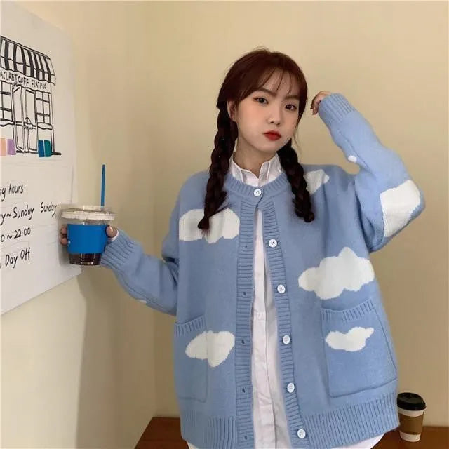 Women's blue cloud-patterned spandex cardigan sweater coat with loose fit and long sleeves