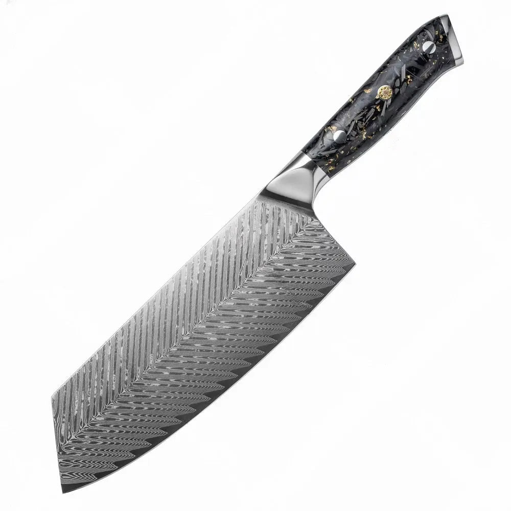 Damascus pattern chef knife set with 8 different blades including kitchen, Japanese, boning, utility, steak and fruit knives