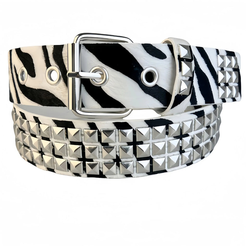 Punk women's belt with metal rivets in leopard or zebra print patterns showing alloy buckle