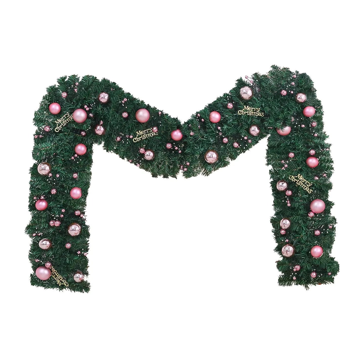 Long pink rattan Christmas wreath with small fruit decoration, shown draped on a door.