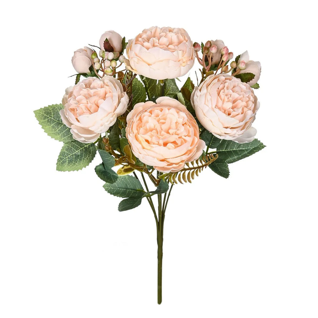 Artificial silk peony bouquet in a champagne colour for home or wedding decoration.