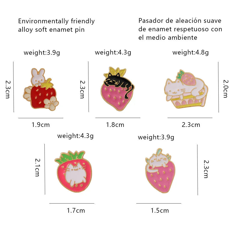 Cute cat strawberry metal brooch decorative alloy pin with five colour variations