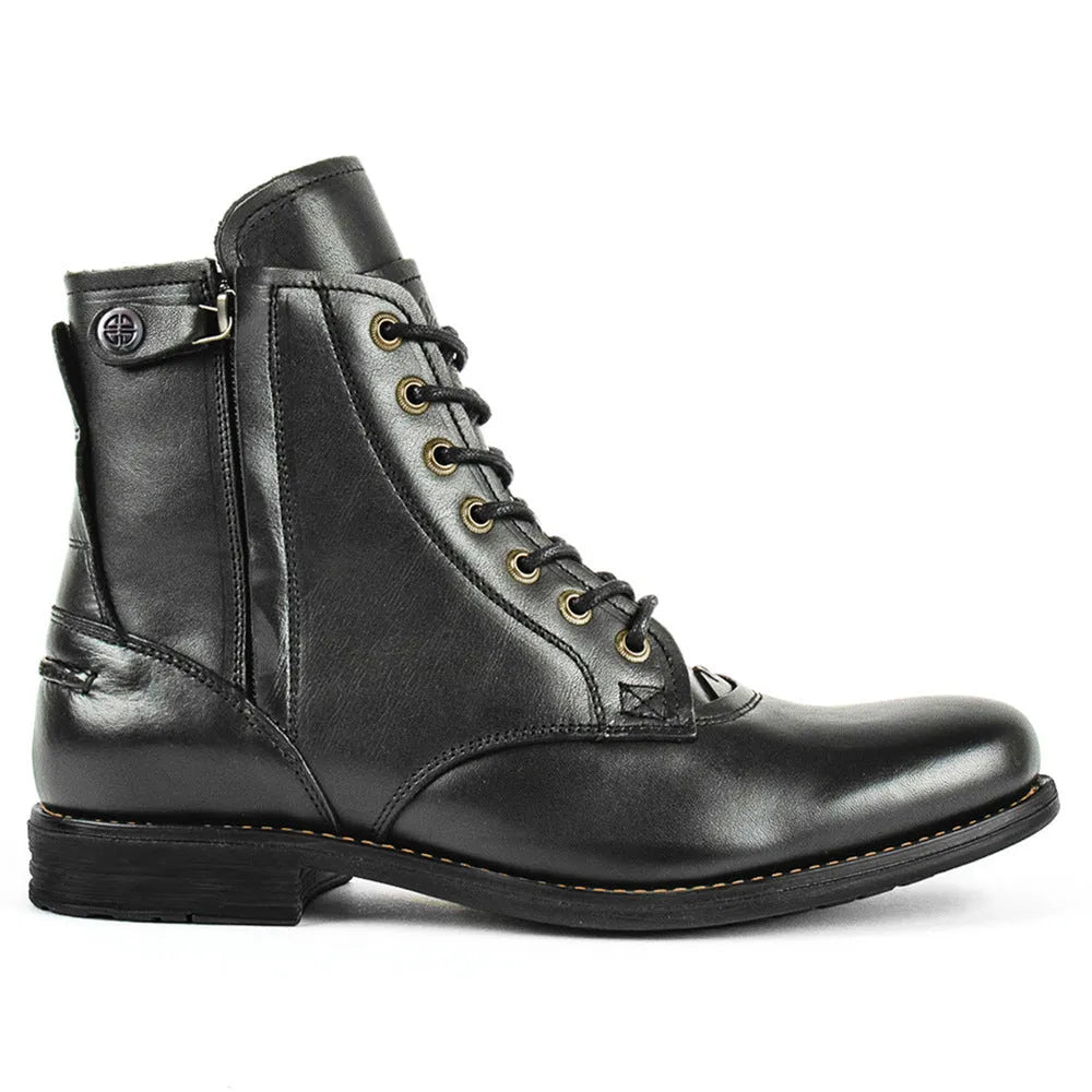 Knight Series men's black and brown leather boots with side zipper and low heel