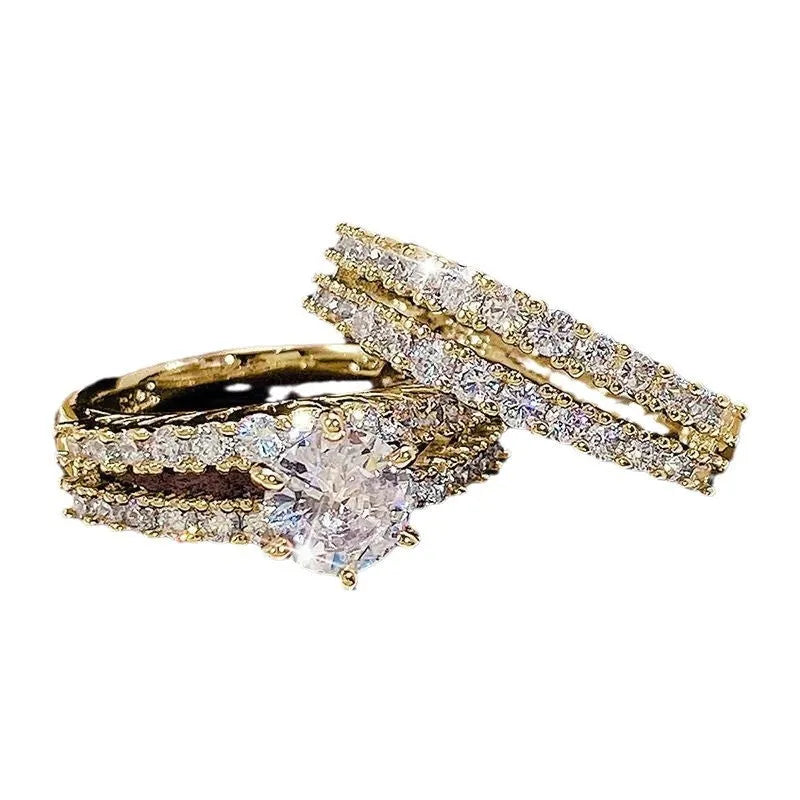 2-in-1 fully-jewelled female ring set in silver, gold, and rose gold colours with geometric design