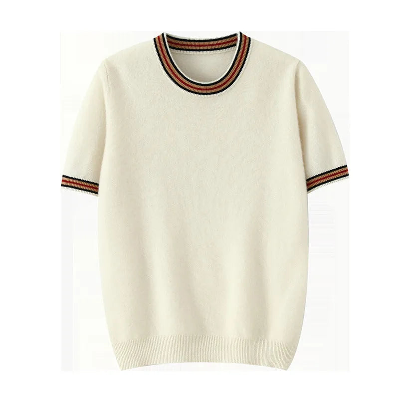 Men's round neck pure wool short sleeve sweater in grey shown front view