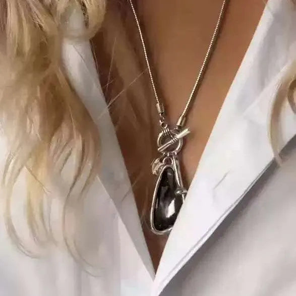 Alloy geometric water drop pendant on snake bones chain necklace for sweater layering