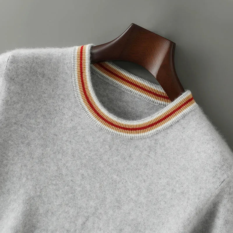 Men's round neck pure wool short sleeve sweater in grey shown front view