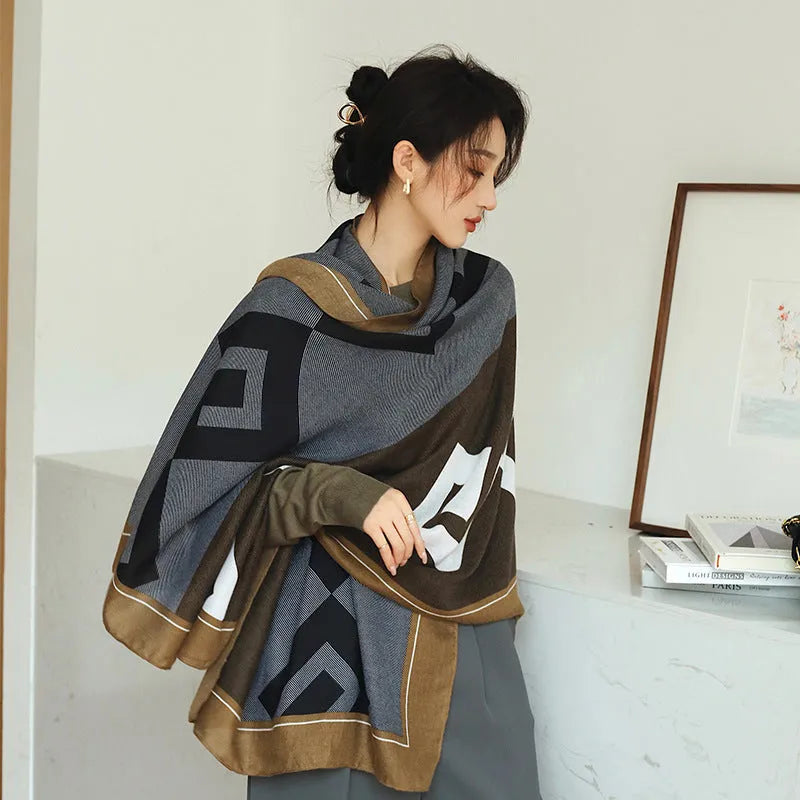 Women's printed polyester scarf showing 180cm length and 90cm width dimensions with autumn-appropriate design