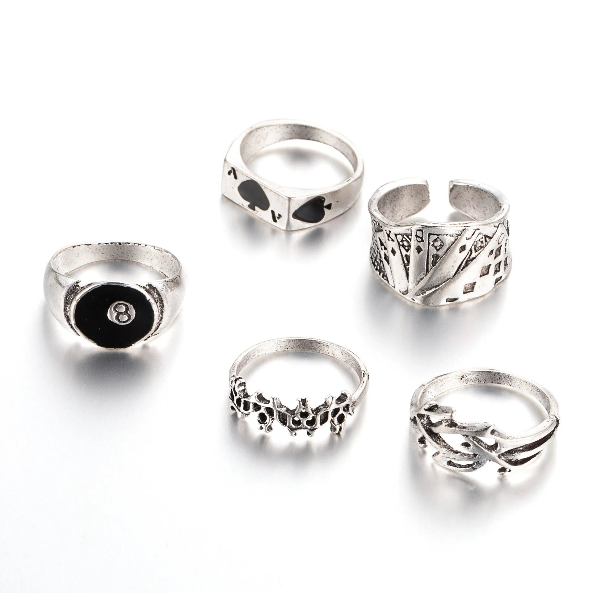 Black adjustable alloy ring with detailed retro spade card design for women