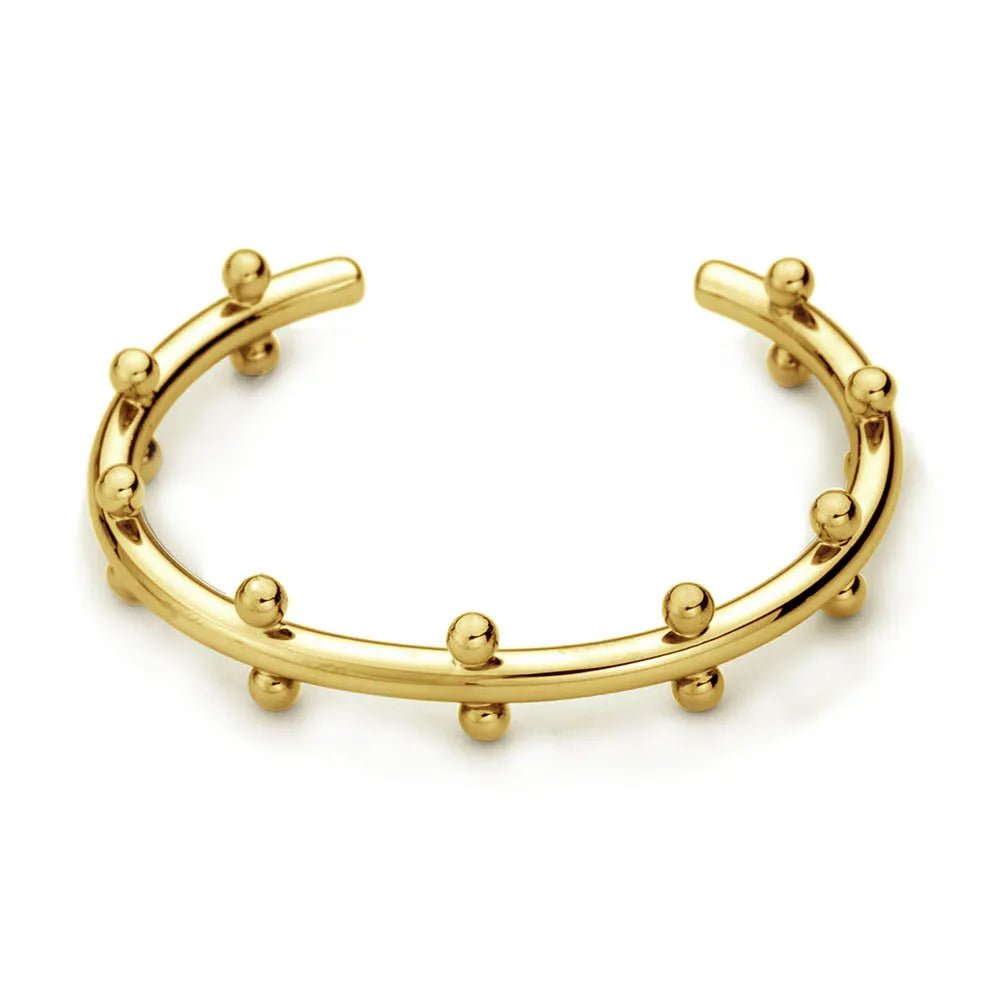 Stainless steel C-shaped bracelet with textured rivet bean beads and adjustable alloy chain