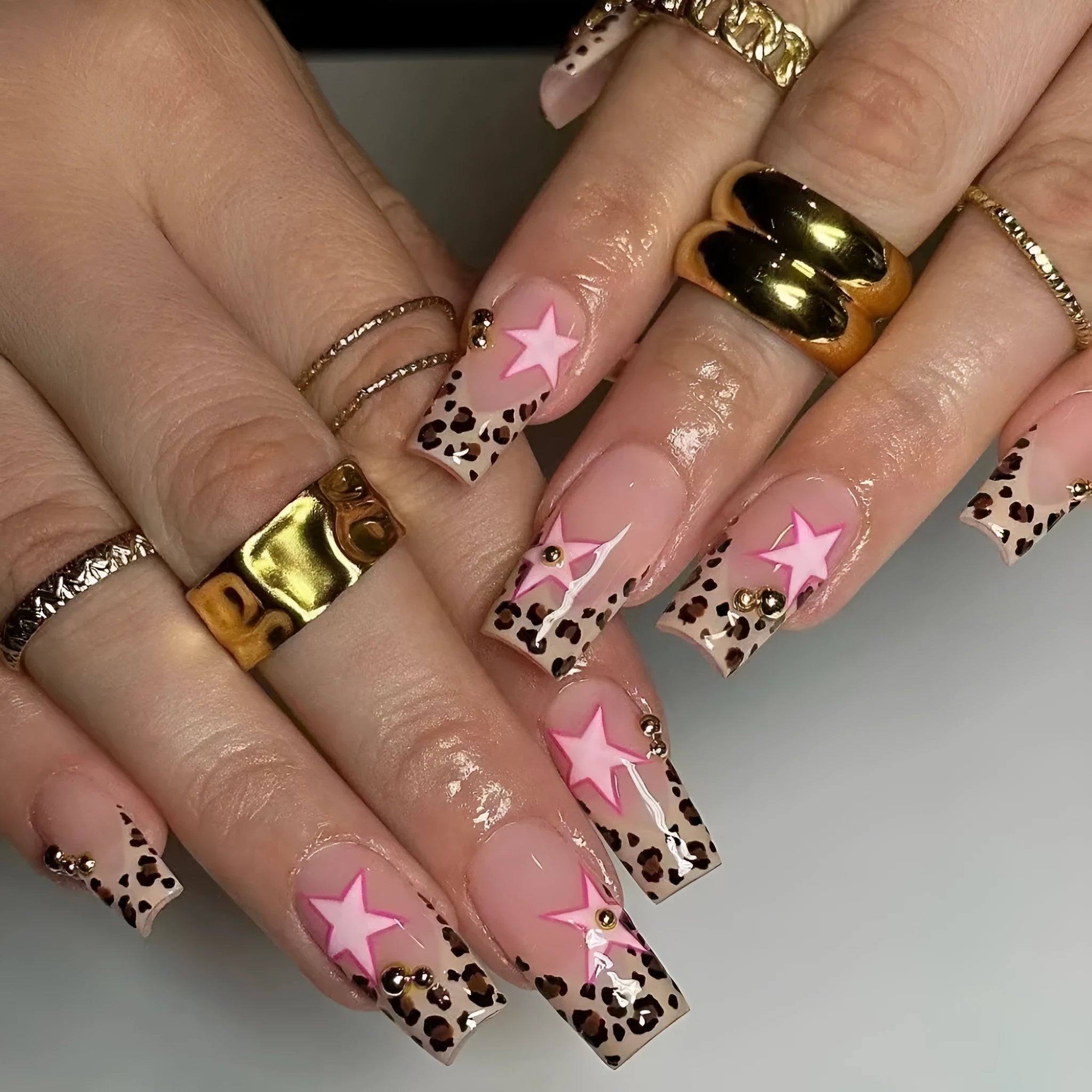 Wear Armor French leopard print five-pointed star with pearl diamond wear manicure strips in Jelly Glue Style
