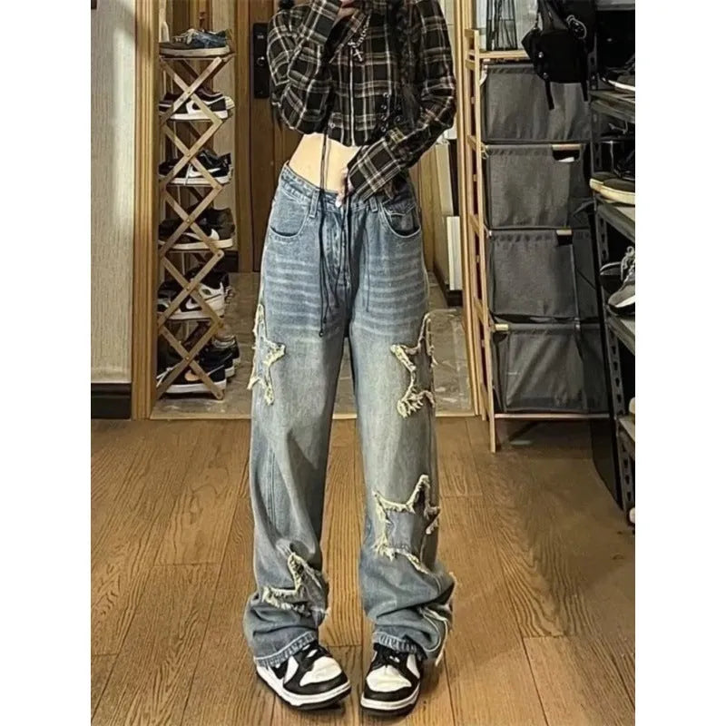 Blue high-waisted straight-leg women's jeans on a model