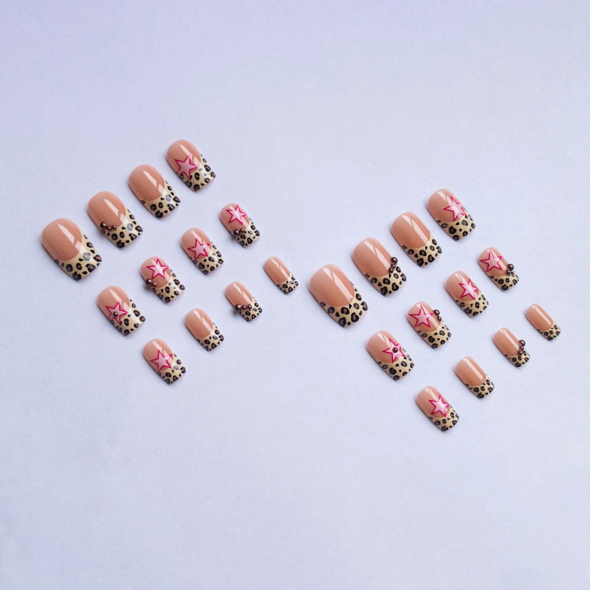 Wear Armor French leopard print five-pointed star with pearl diamond wear manicure strips in Jelly Glue Style