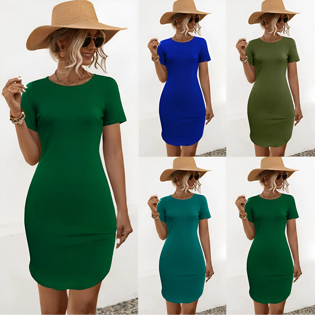 Women's slim fit short sleeve dress in dark green with a U-shaped split hem.