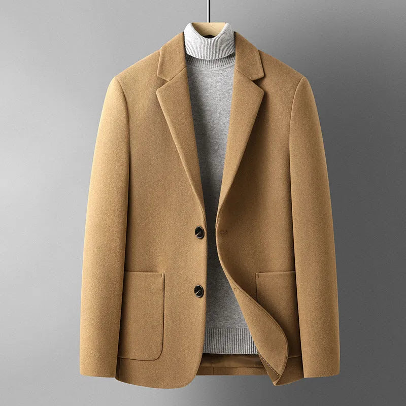 Men's slim fit grey wool suit jacket for autumn and winter wear.