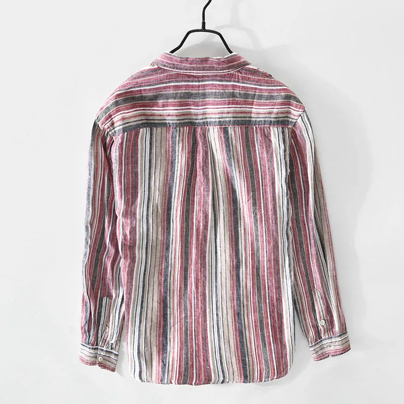 Men's striped linen shirt with long sleeves in red or grey colour options