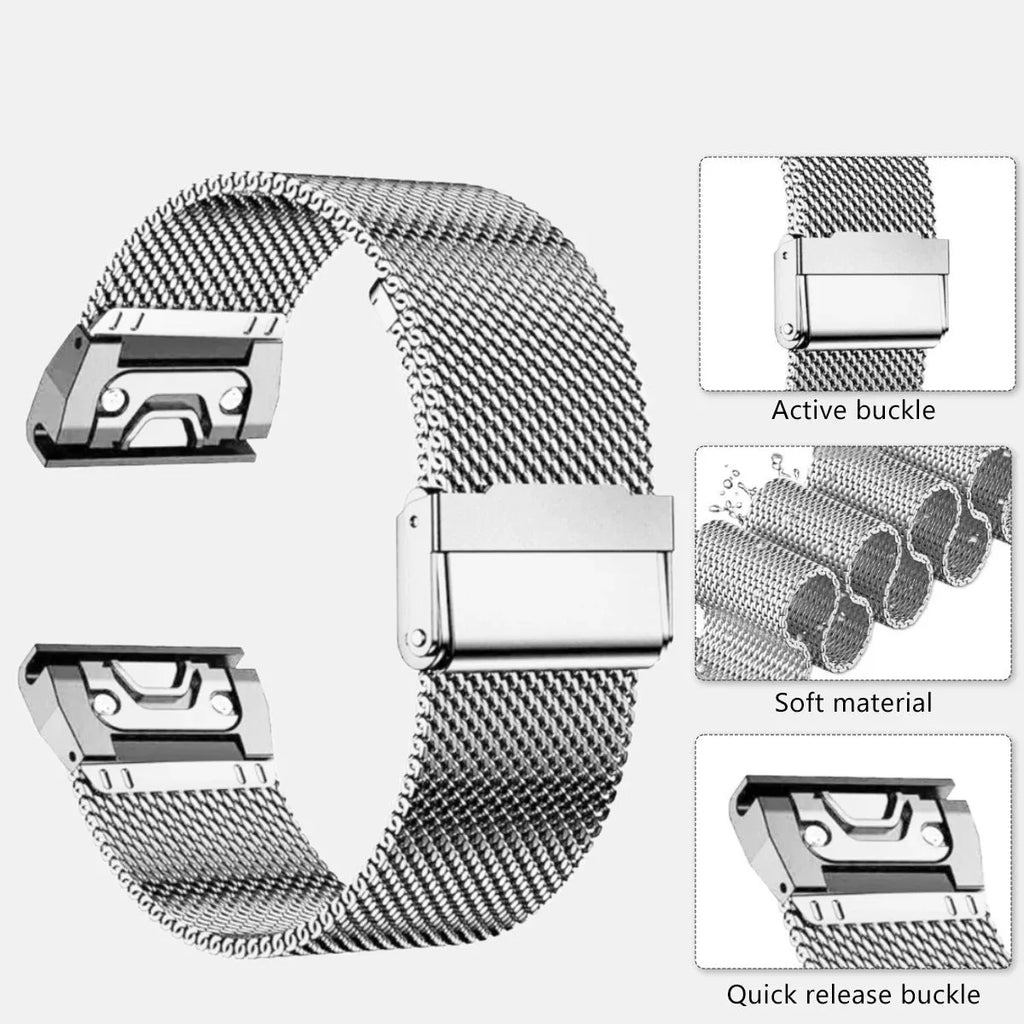 Stainless steel Garmin Fenix watch strap with integrated card slot in silver, black, gold, and rose gold finishes.