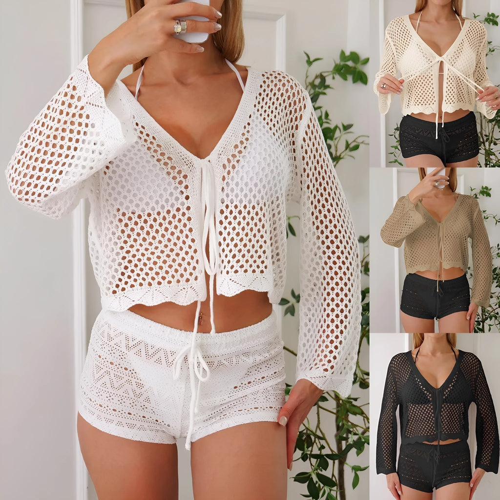 Women's apricot hollow woven cardigan blouse with bell sleeves, shown as a short-length layering piece.