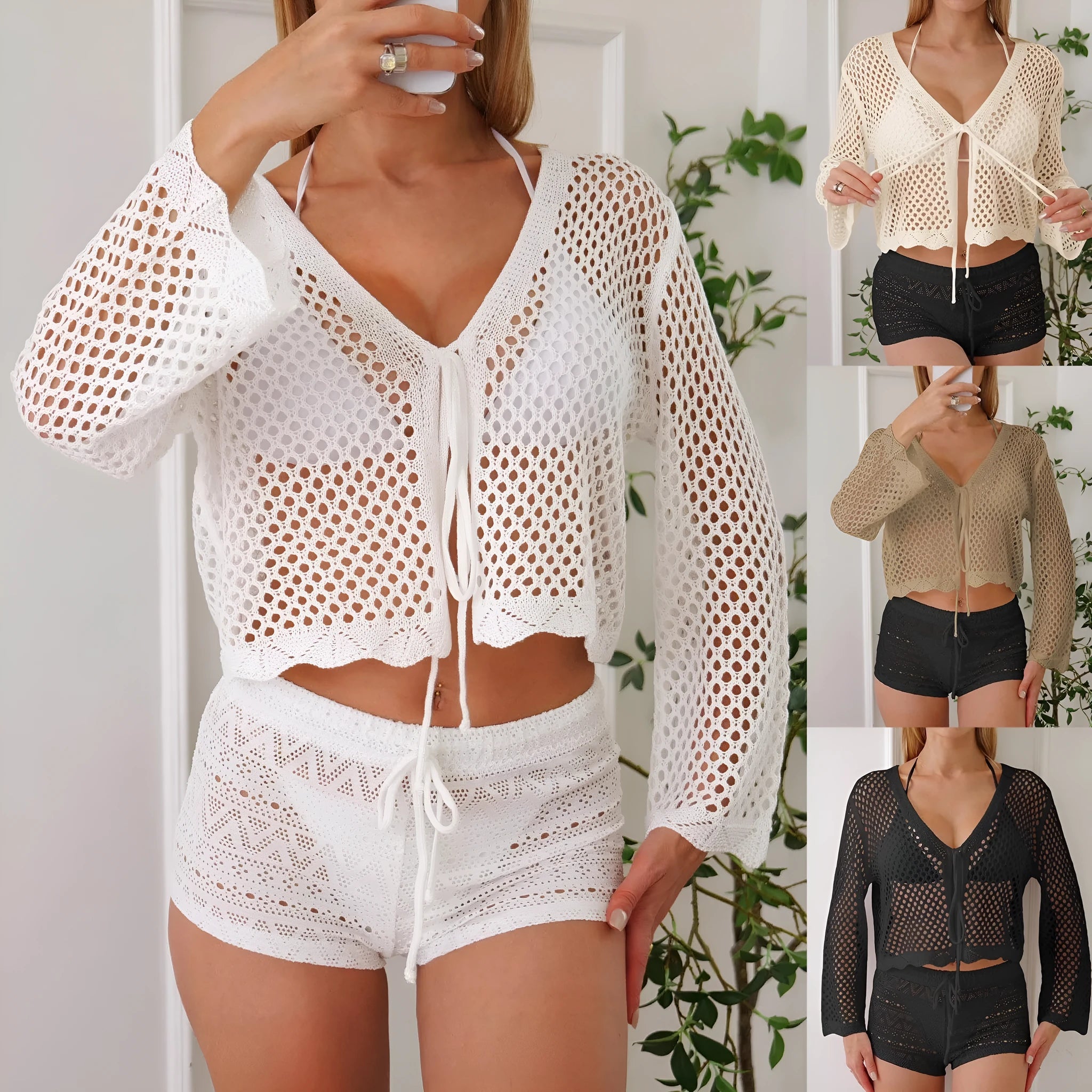 Women's apricot hollow woven cardigan blouse with bell sleeves, shown as a short-length layering piece.