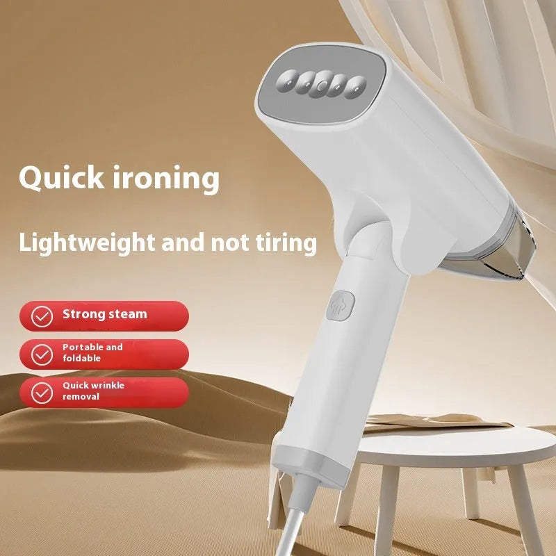 Blue handheld garment steamer with water tank and steam nozzle for clothing wrinkle removal