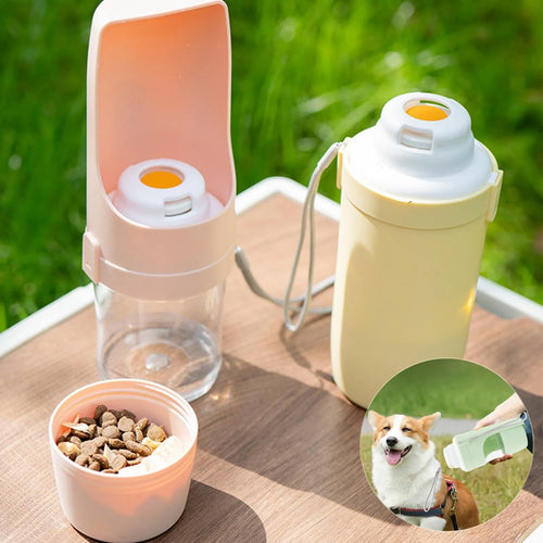 2-in-1 travel dog water bottle with 690ml capacity and lanyard, leakproof design for outdoor pet feeding